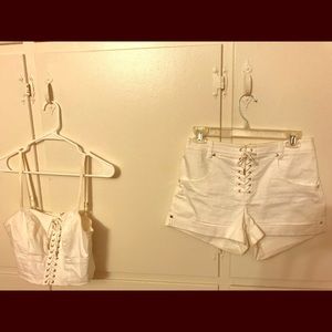 Matching lace up denim Bebe crop and shorts sz 4